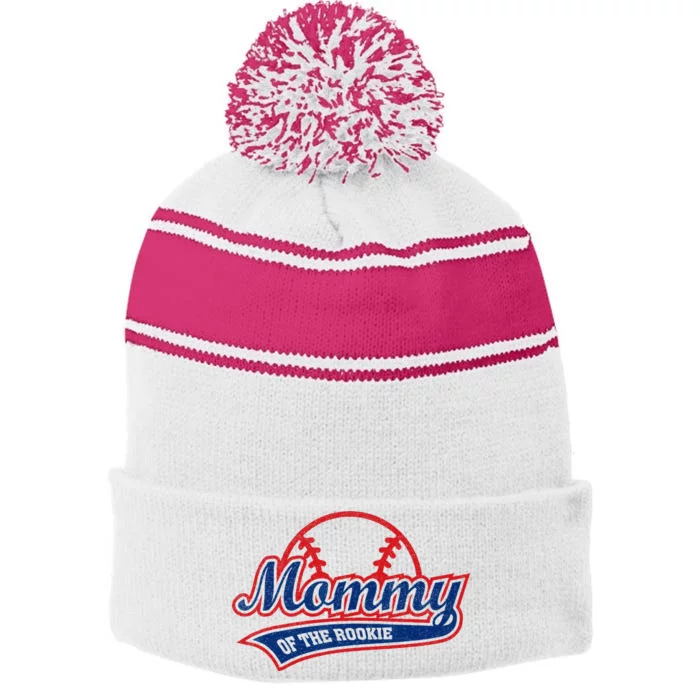 Funny Retro Baseball Mommy Of The Rookie Stripe Pom Pom Beanie