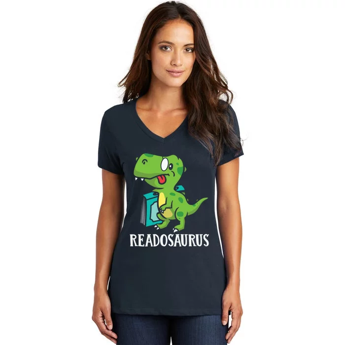 Funny Reading Book Readers Dinosaur Dino Apparel Women's V-Neck T-Shirt