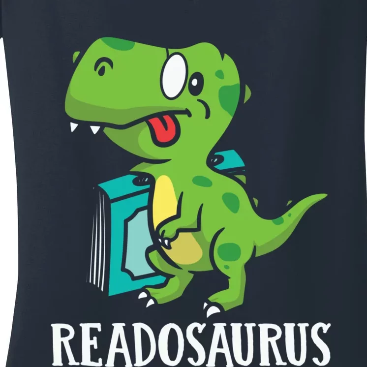 Funny Reading Book Readers Dinosaur Dino Apparel Women's V-Neck T-Shirt