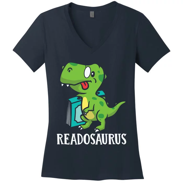 Funny Reading Book Readers Dinosaur Dino Apparel Women's V-Neck T-Shirt