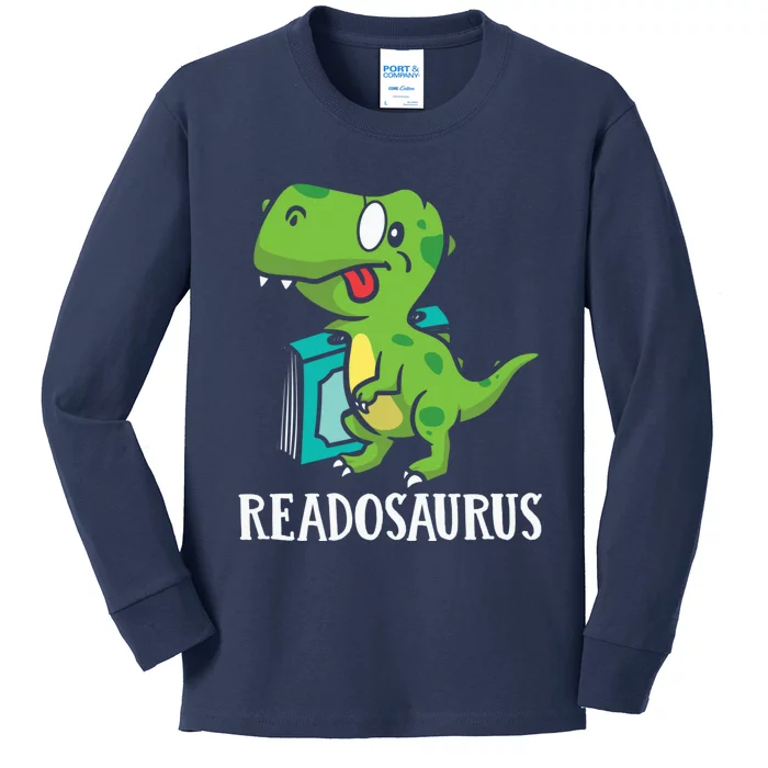 Funny Reading Book Readers Dinosaur Dino Apparel Kids Long Sleeve Shirt