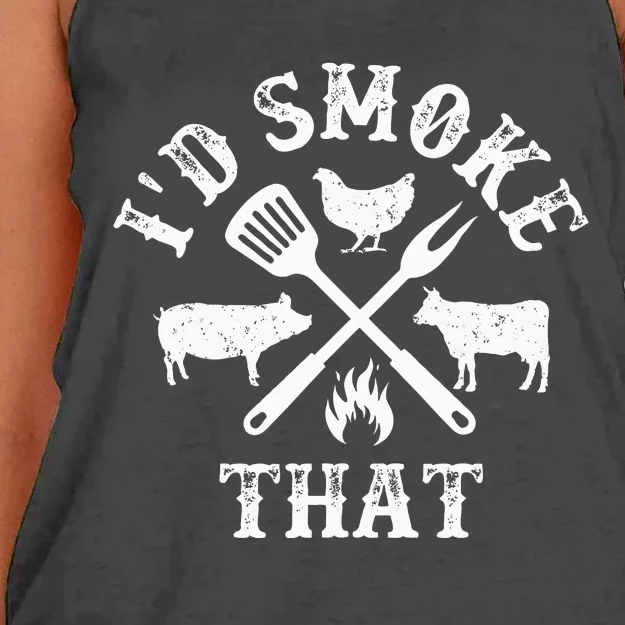 Funny Retro BBQ Party Smoker Chef Dad Gifts I'd Smoke That Women's Knotted Racerback Tank