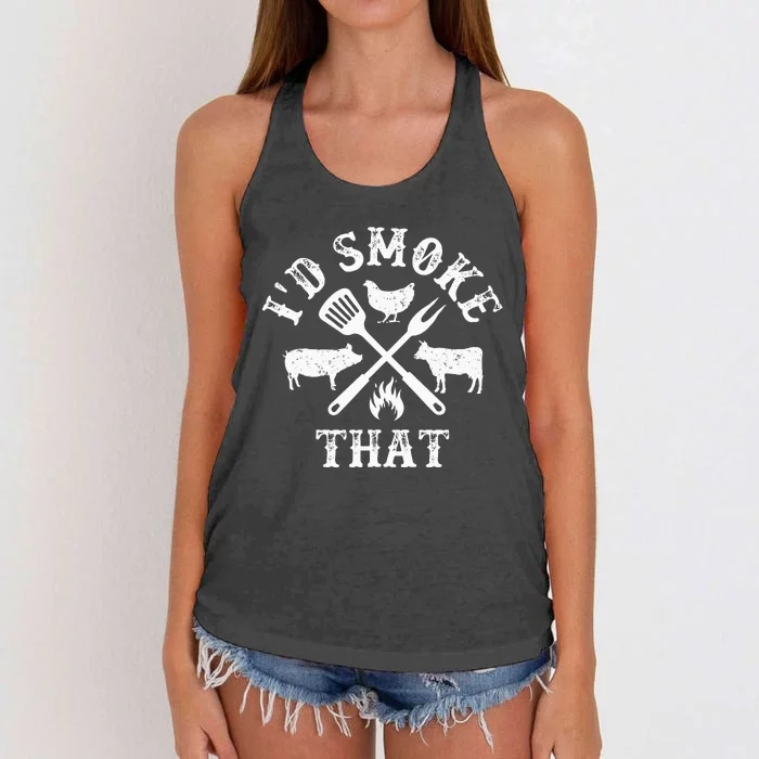 Funny Retro BBQ Party Smoker Chef Dad Gifts I'd Smoke That Women's Knotted Racerback Tank