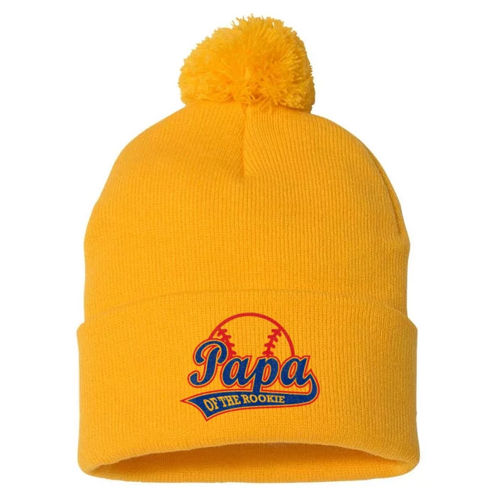 Funny Retro Baseball Papa Of The Rookie Pom Pom 12in Knit Beanie