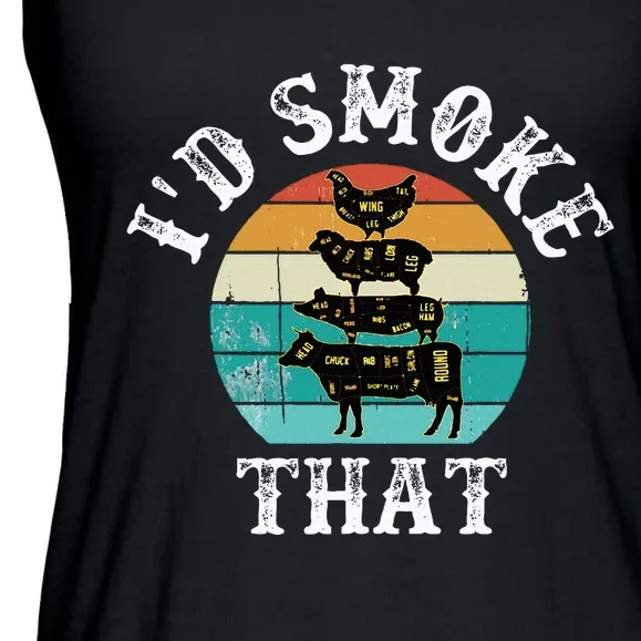 Funny Retro BBQ Party Smoker Chef Dad Gift  I'd Smoke That Ladies Essential Flowy Tank