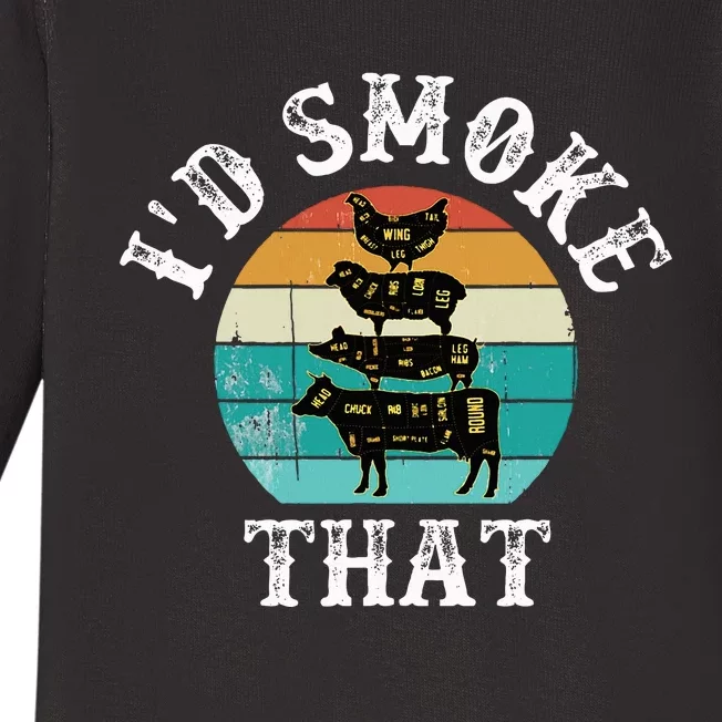 Funny Retro BBQ Party Smoker Chef Dad Gift  I'd Smoke That Baby Long Sleeve Bodysuit