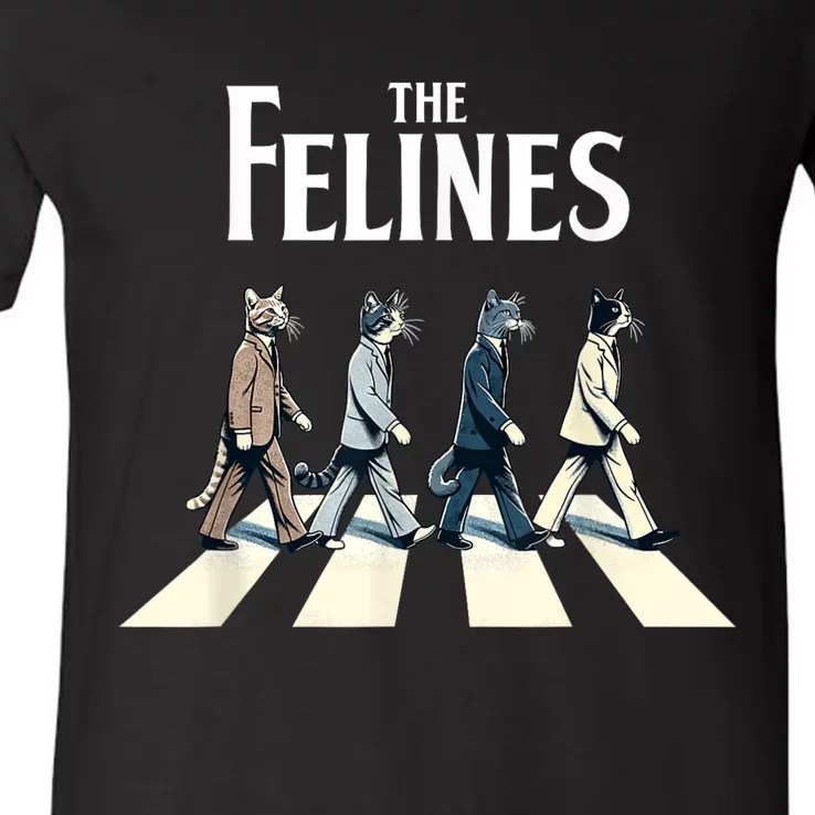 Felines Retro Cat Rock Music Gift Funny Cat V-Neck T-Shirt