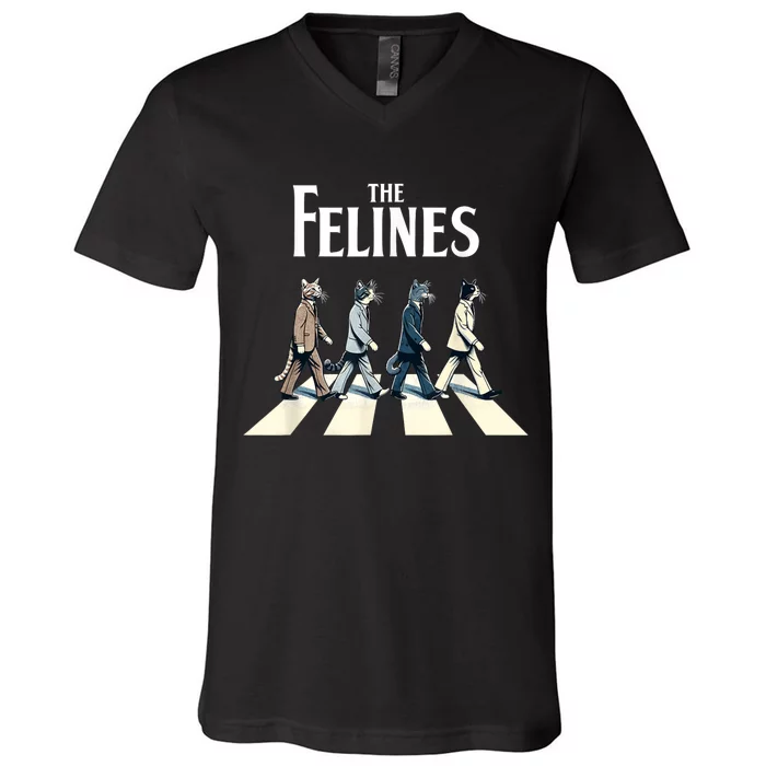 Felines Retro Cat Rock Music Gift Funny Cat V-Neck T-Shirt