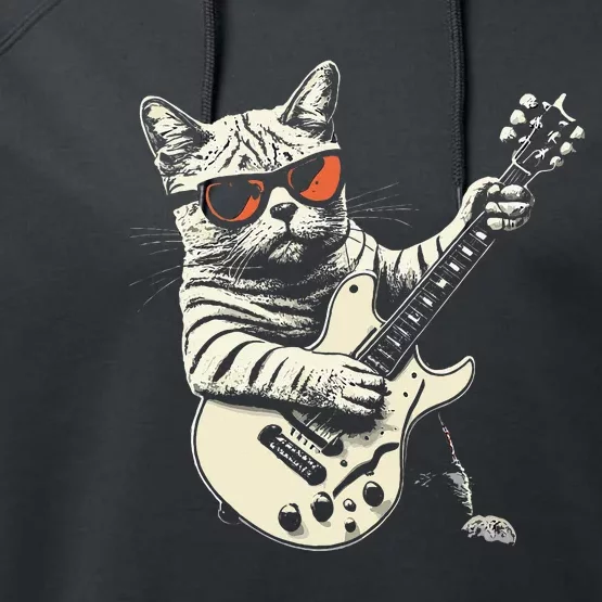 Funny Rock Cat Playing Guitar Rock Kitty Performance Fleece Hoodie