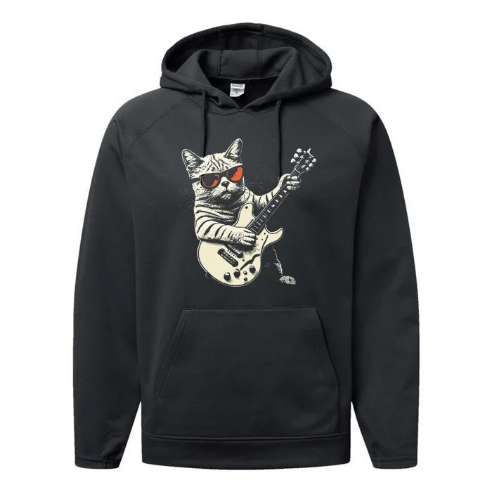 Funny Rock Cat Playing Guitar Rock Kitty Performance Fleece Hoodie