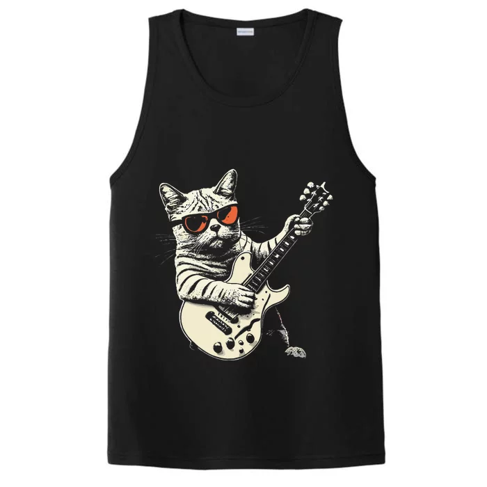 Funny Rock Cat Playing Guitar Rock Kitty Performance Tank