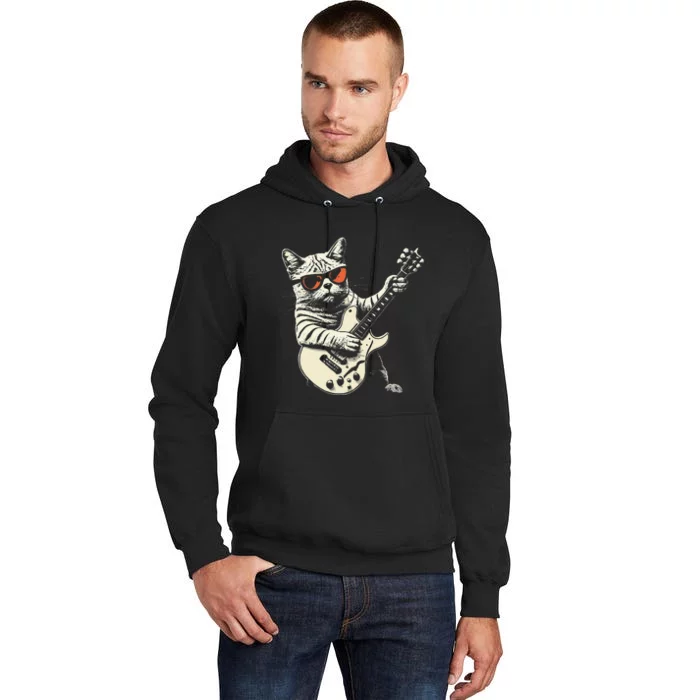 Funny Rock Cat Playing Guitar Rock Kitty Tall Hoodie