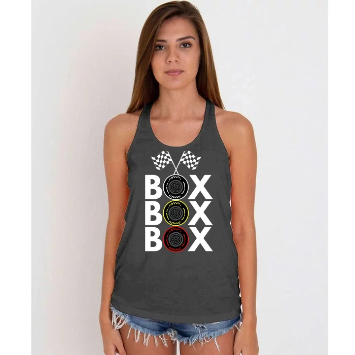 Formula Racing Car Box Box Box Radio Call To PitBox Car Race Formula Racing Women's Knotted Racerback Tank