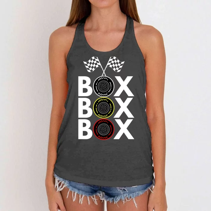 Formula Racing Car Box Box Box Radio Call To PitBox Car Race Formula Racing Women's Knotted Racerback Tank