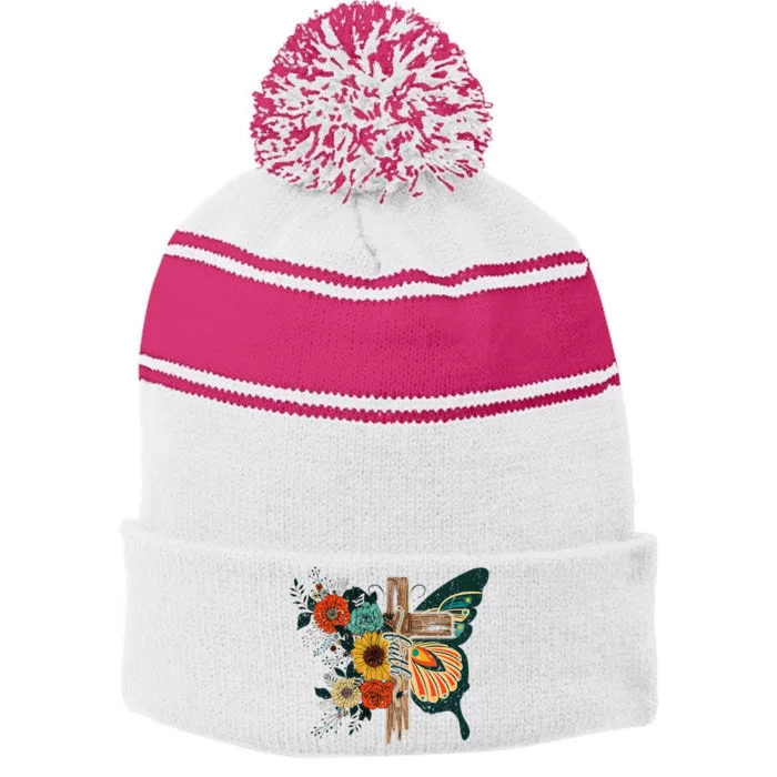 Faith Retro Cross Butterfly Religious Gifts Christian Stripe Pom Pom Beanie