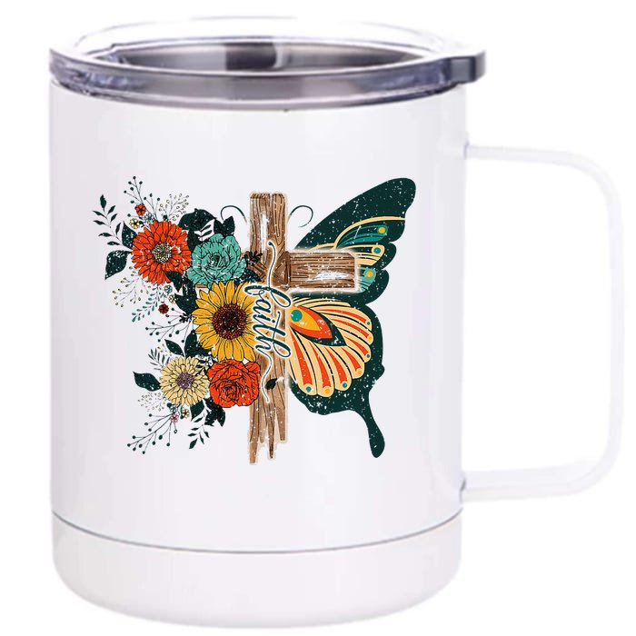 Faith Retro Cross Butterfly Religious Gifts Christian Front & Back 12oz Stainless Steel Tumbler Cup