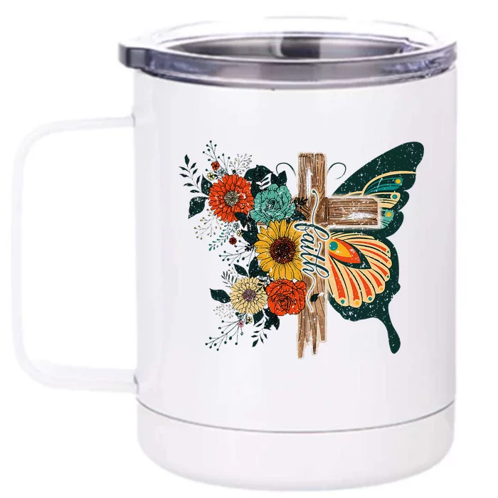 Faith Retro Cross Butterfly Religious Gifts Christian Front & Back 12oz Stainless Steel Tumbler Cup