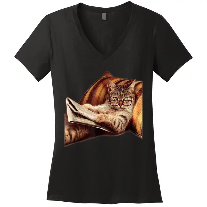 Funny Reading Cat Meme Internet Humor Book Women's V-Neck T-Shirt