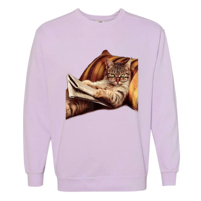 Funny Reading Cat Meme Internet Humor Book Garment-Dyed Sweatshirt