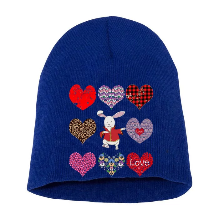 Funny Rabbit Cute Retro Floral Hearts Pattern Valentines Day Gift Short Acrylic Beanie