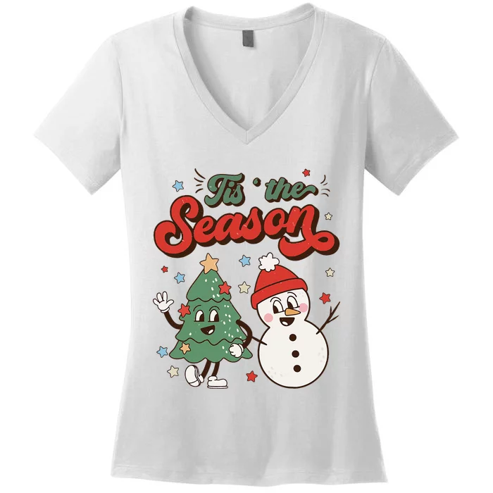 Festive Retro Christmas Decorations Snowman Xmas Women's V-Neck T-Shirt