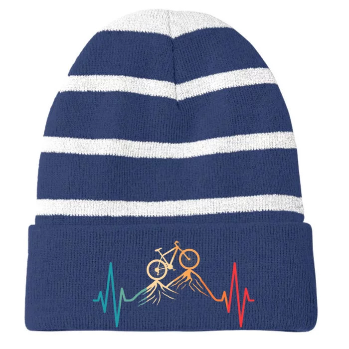 Funny Retro Cycling Heartbeat Bicycle Mountain Bike Biking Striped Beanie with Solid Band