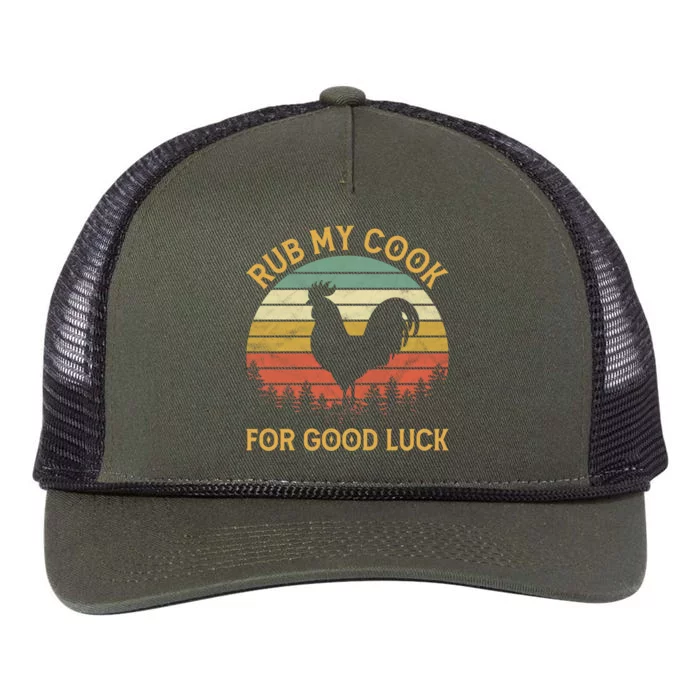 Funny Rooster Chicken Pun Rub My Cock For Good Luck Retro Rope Trucker Hat Cap