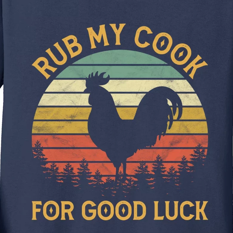 Funny Rooster Chicken Pun Rub My Cock For Good Luck Kids Long Sleeve Shirt