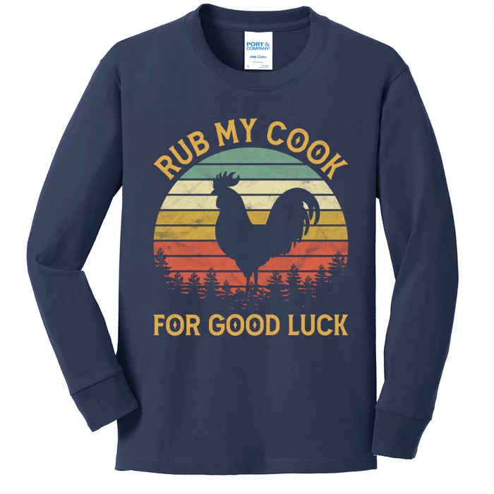 Funny Rooster Chicken Pun Rub My Cock For Good Luck Kids Long Sleeve Shirt