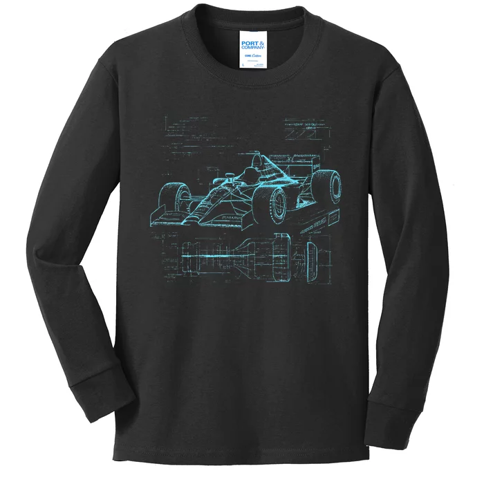 Formula Racing Car Silhouette Mechanic Car Guys Kids Long Sleeve Shirt