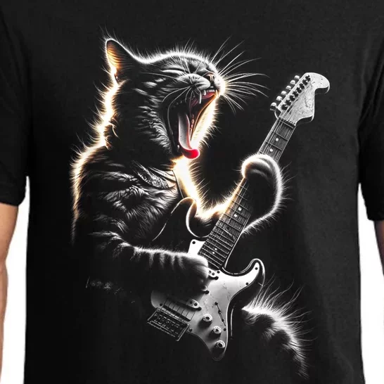 Funny Rock Cat Playing Guitar Music Lover Pajama Set