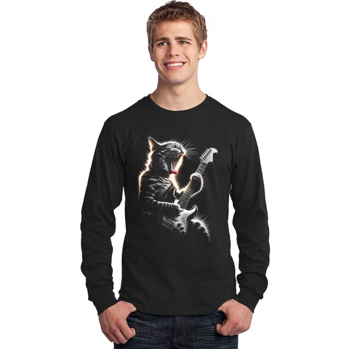 Funny Rock Cat Playing Guitar Music Lover Tall Long Sleeve T-Shirt