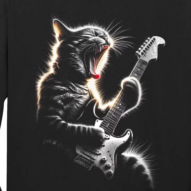 Funny Rock Cat Playing Guitar Music Lover Tall Long Sleeve T-Shirt