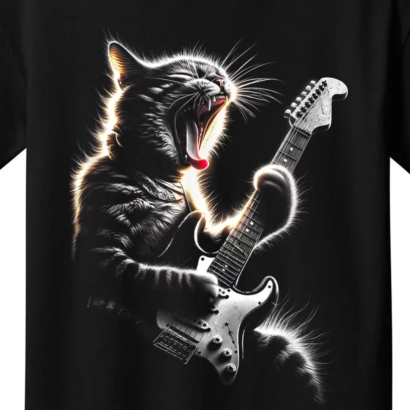 Funny Rock Cat Playing Guitar Music Lover Kids T-Shirt