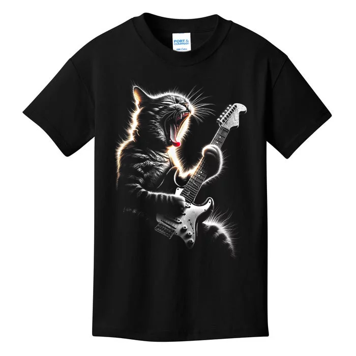 Funny Rock Cat Playing Guitar Music Lover Kids T-Shirt