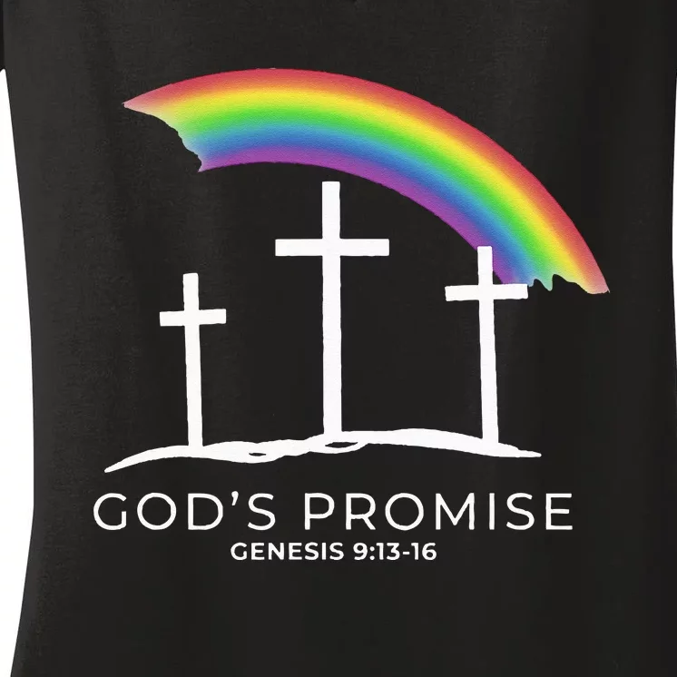 Funny Rainbow Christ Cross Christian Quote Gods Promise Women's V-Neck T-Shirt