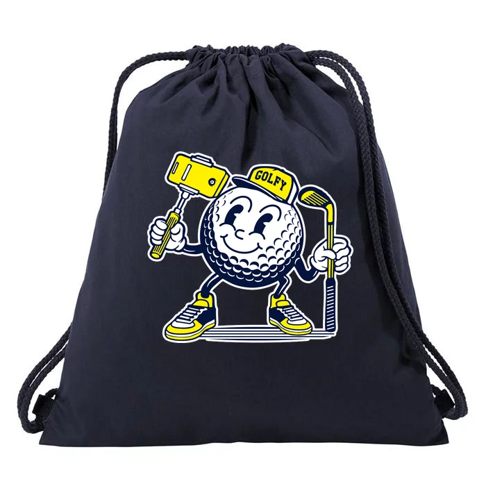 Funny Retro Cartoon Golf Ball Taking Selfie Drawstring Bag