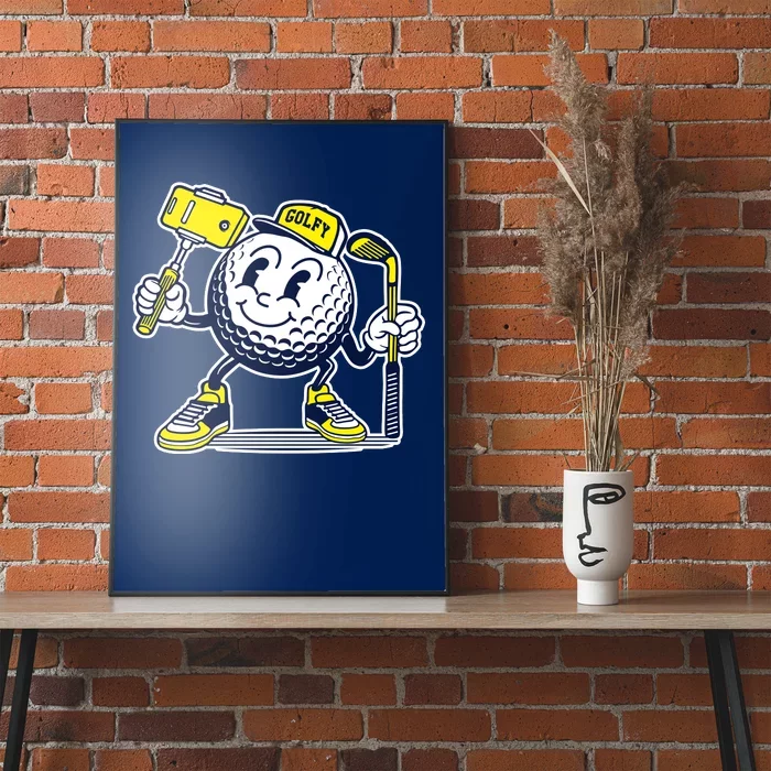 Funny Retro Cartoon Golf Ball Taking Selfie Poster