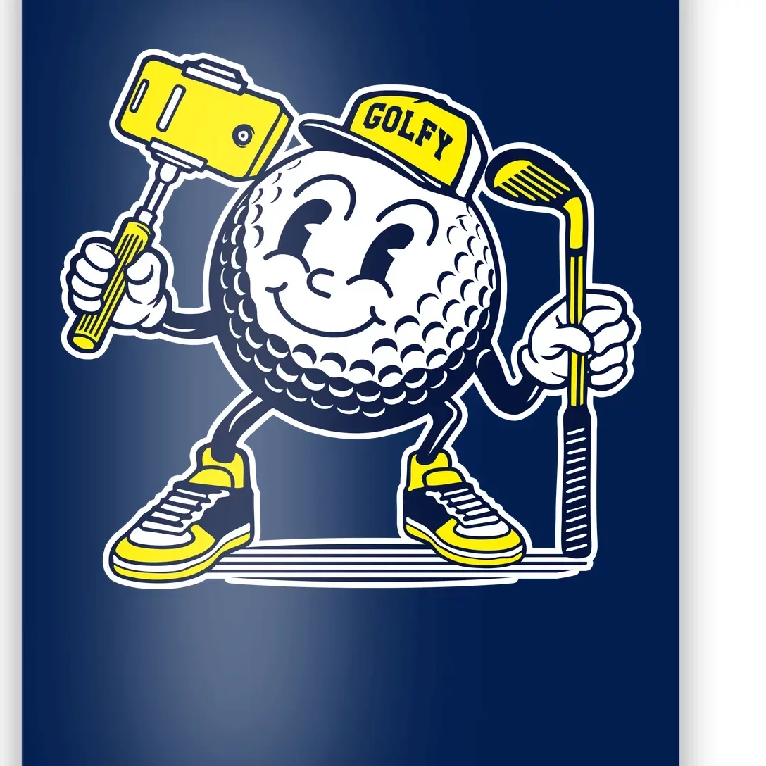 Funny Retro Cartoon Golf Ball Taking Selfie Poster