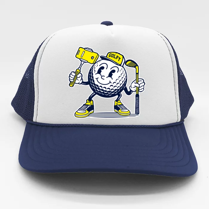 Funny Retro Cartoon Golf Ball Taking Selfie Trucker Hat