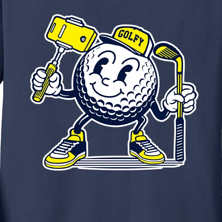 Funny Retro Cartoon Golf Ball Taking Selfie Kids Long Sleeve Shirt