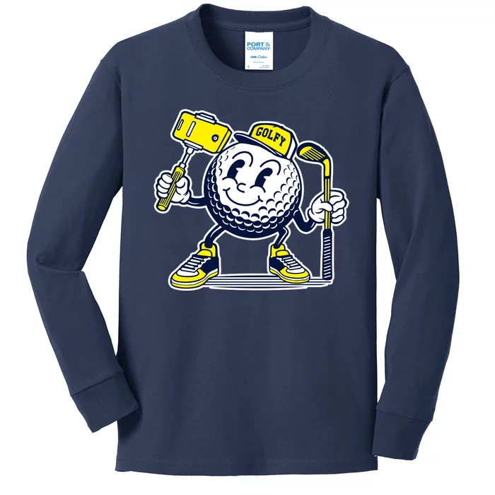 Funny Retro Cartoon Golf Ball Taking Selfie Kids Long Sleeve Shirt