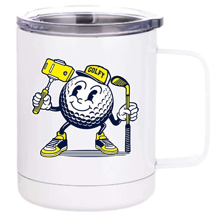 Funny Retro Cartoon Golf Ball Taking Selfie Front & Back 12oz Stainless Steel Tumbler Cup