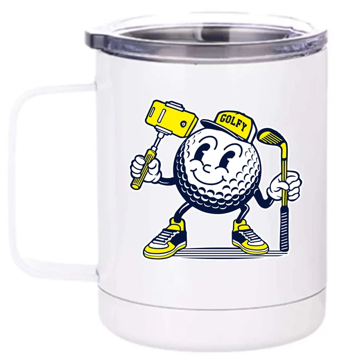 Funny Retro Cartoon Golf Ball Taking Selfie Front & Back 12oz Stainless Steel Tumbler Cup