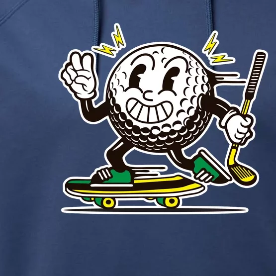 Funny Retro Cartoon Skateboarding Golf Ball Performance Fleece Hoodie