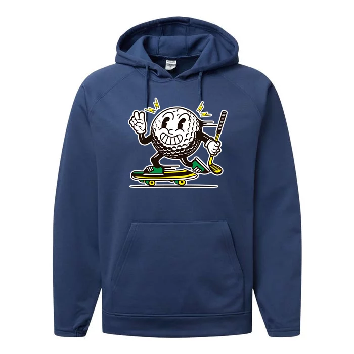 Funny Retro Cartoon Skateboarding Golf Ball Performance Fleece Hoodie