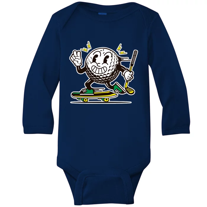 Funny Retro Cartoon Skateboarding Golf Ball Baby Long Sleeve Bodysuit