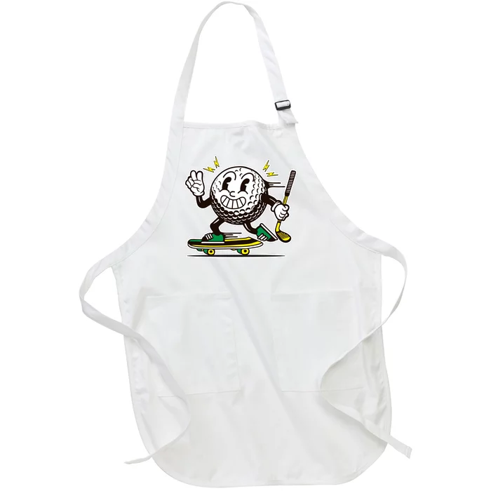 Funny Retro Cartoon Skateboarding Golf Ball Full-Length Apron With Pocket