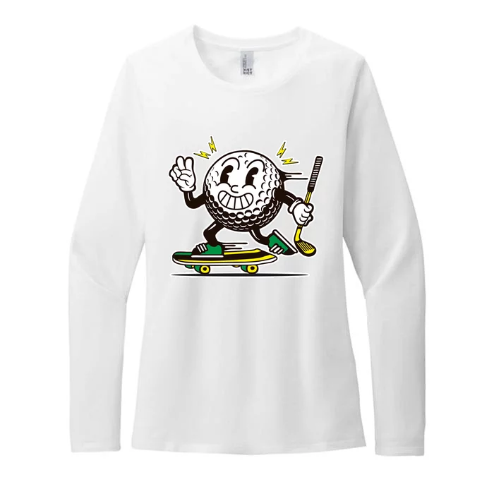 Funny Retro Cartoon Skateboarding Golf Ball Womens CVC Long Sleeve Shirt