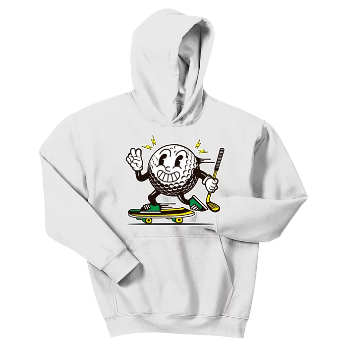 Funny Retro Cartoon Skateboarding Golf Ball Kids Hoodie